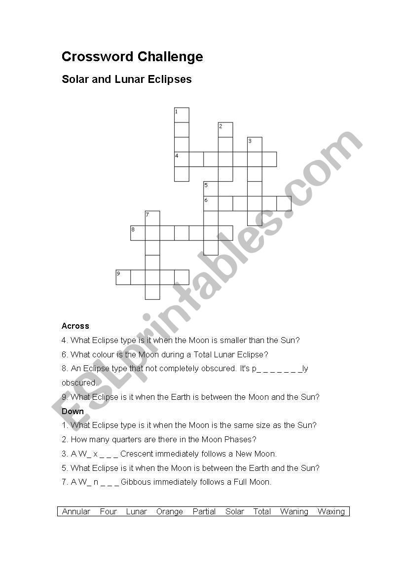 English Worksheets Solar And Lunar Eclipse Crossword Challenge Also Solar And Lunar Eclipses Worksheet