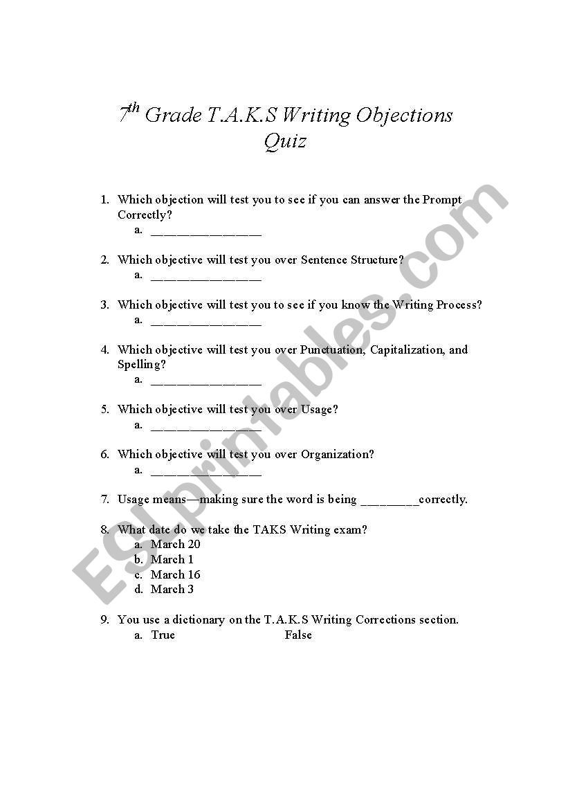 English Worksheets Taks 7Th Grade Writing Objective Quiz Throughout 7Th Grade English Worksheets