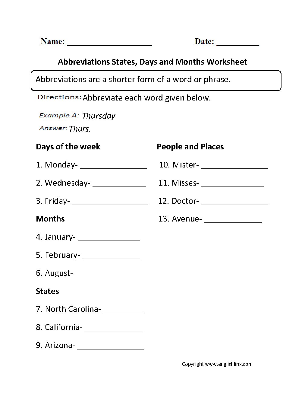 Englishlinx  Abbreviations Worksheets For 50 States Worksheets Pdf