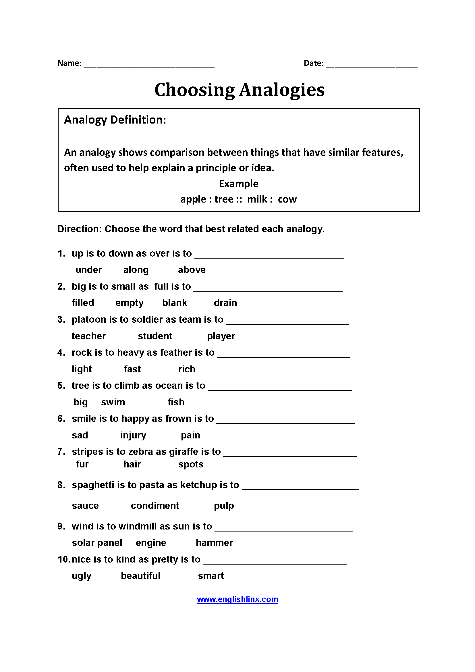 Englishlinx  Analogy Worksheets For Analogy Worksheets For Middle School