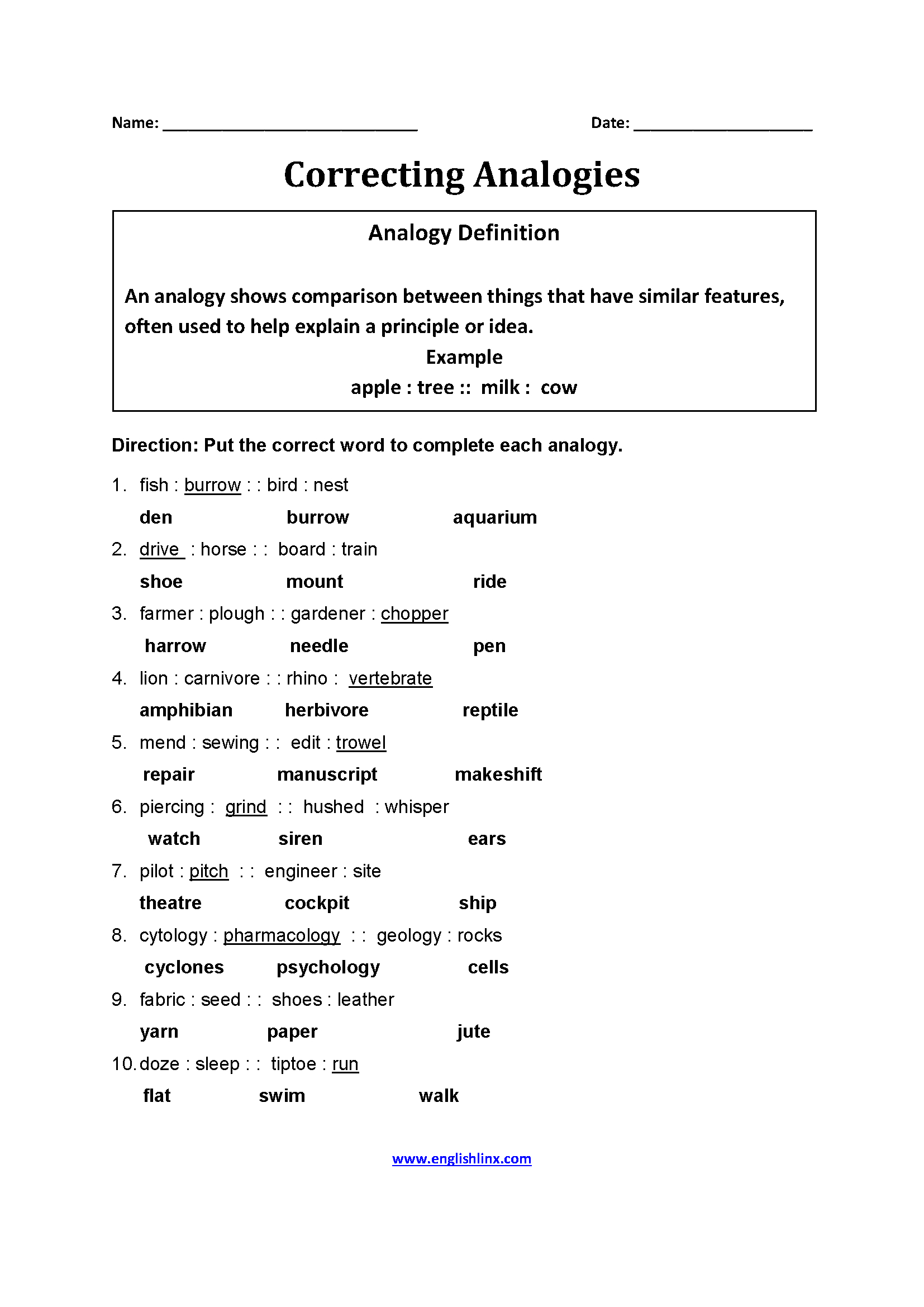 Englishlinx  Analogy Worksheets In Analogies Worksheet With Answer Key
