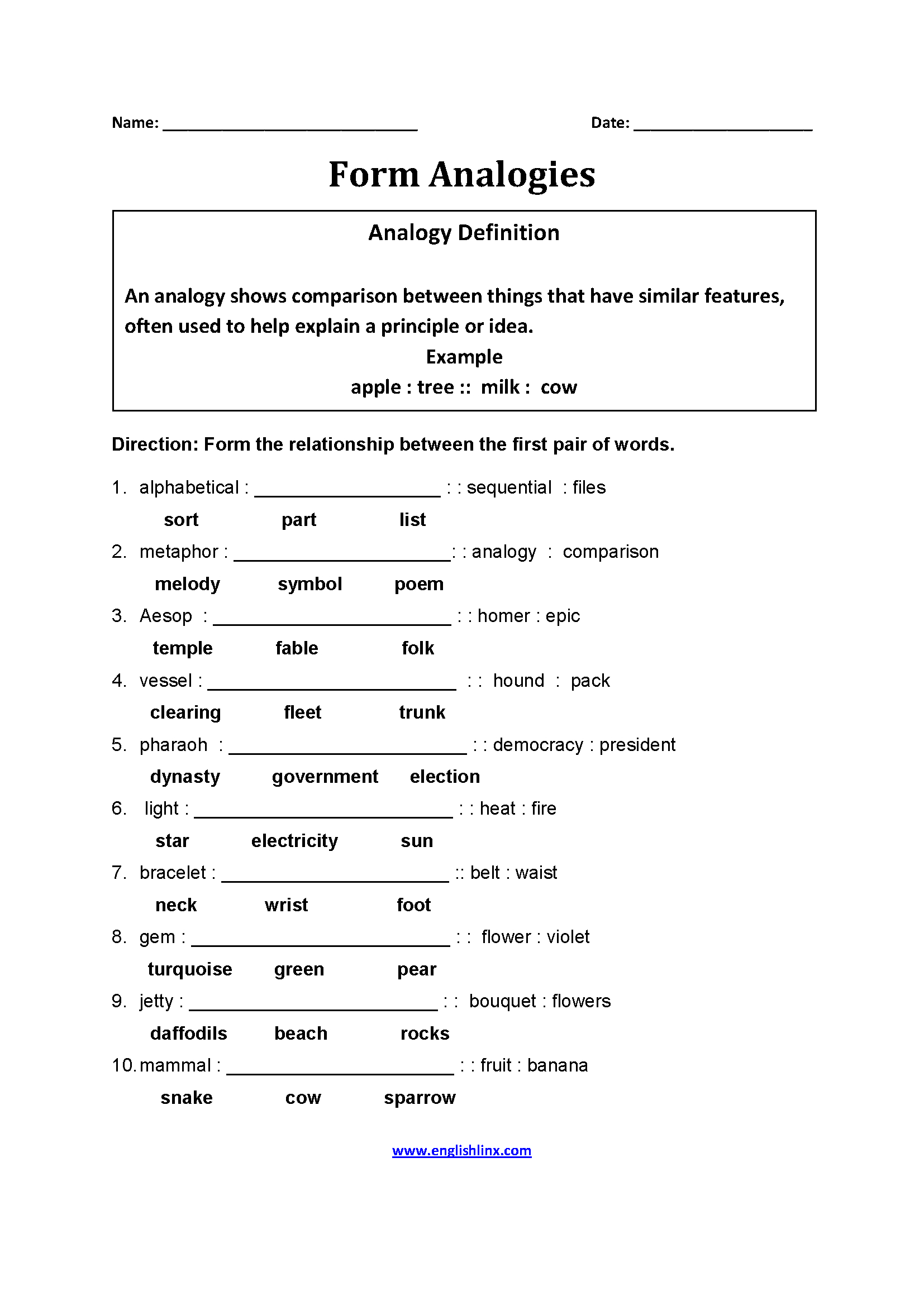 Englishlinx  Analogy Worksheets Or Analogy Worksheets For Middle School