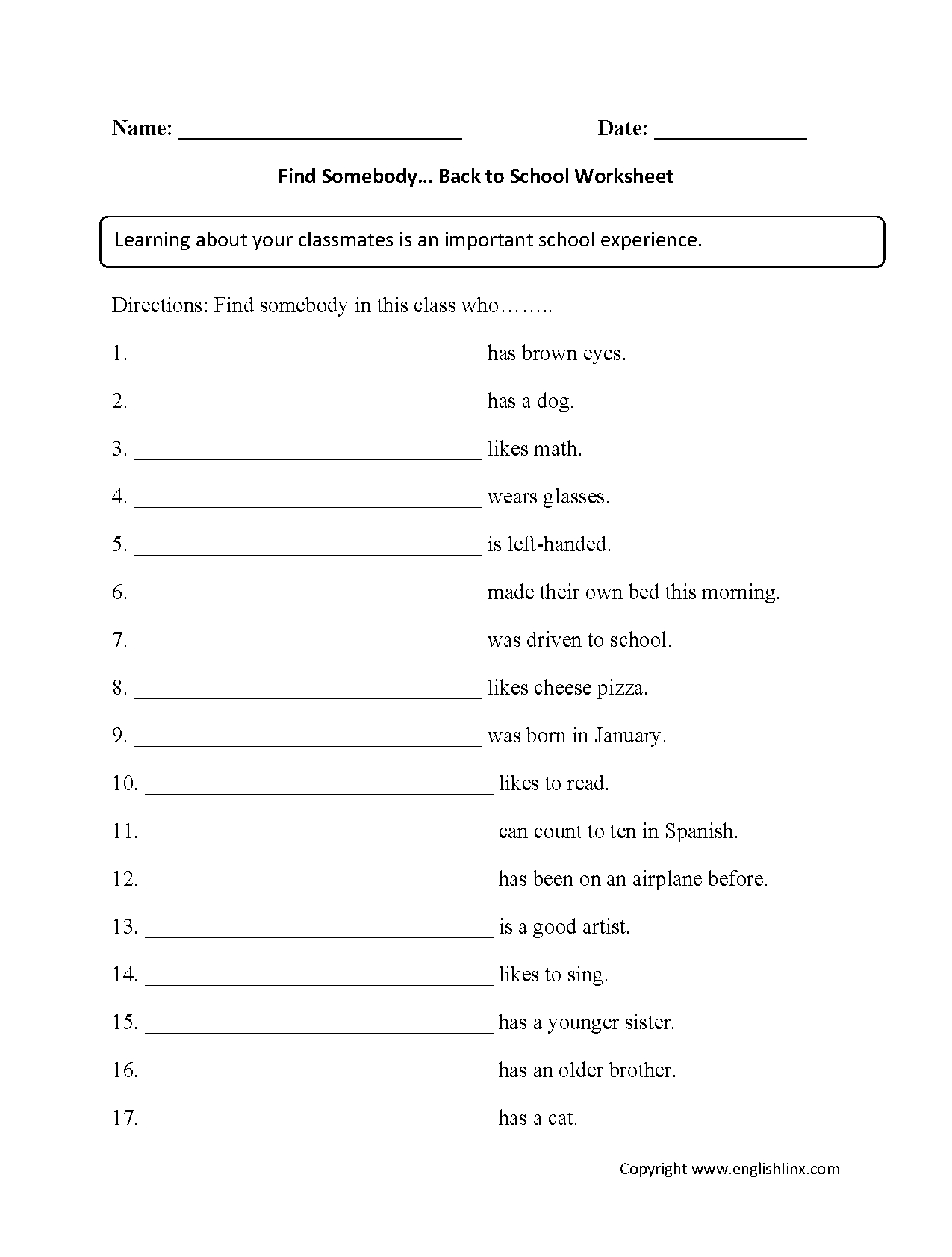 Englishlinx  Back To School Worksheets For First Day Of School Worksheets 4Th Grade