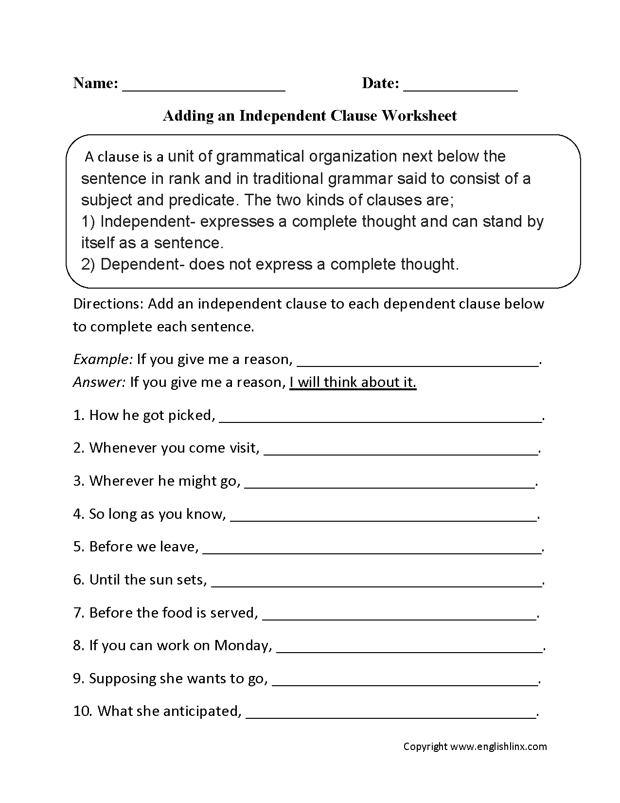 Englishlinx  Clauses Worksheets Intended For Independent And Dependent Clauses Worksheet