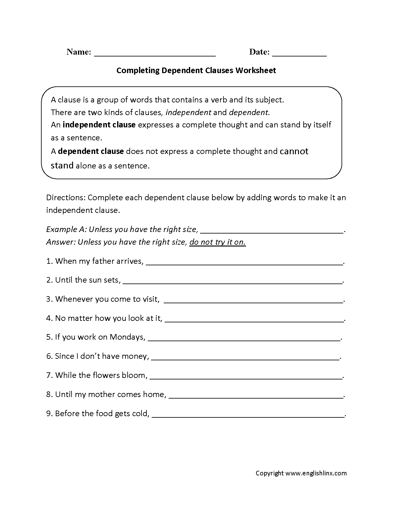 Englishlinx  Clauses Worksheets With Regard To Independent And Dependent Clauses Worksheet