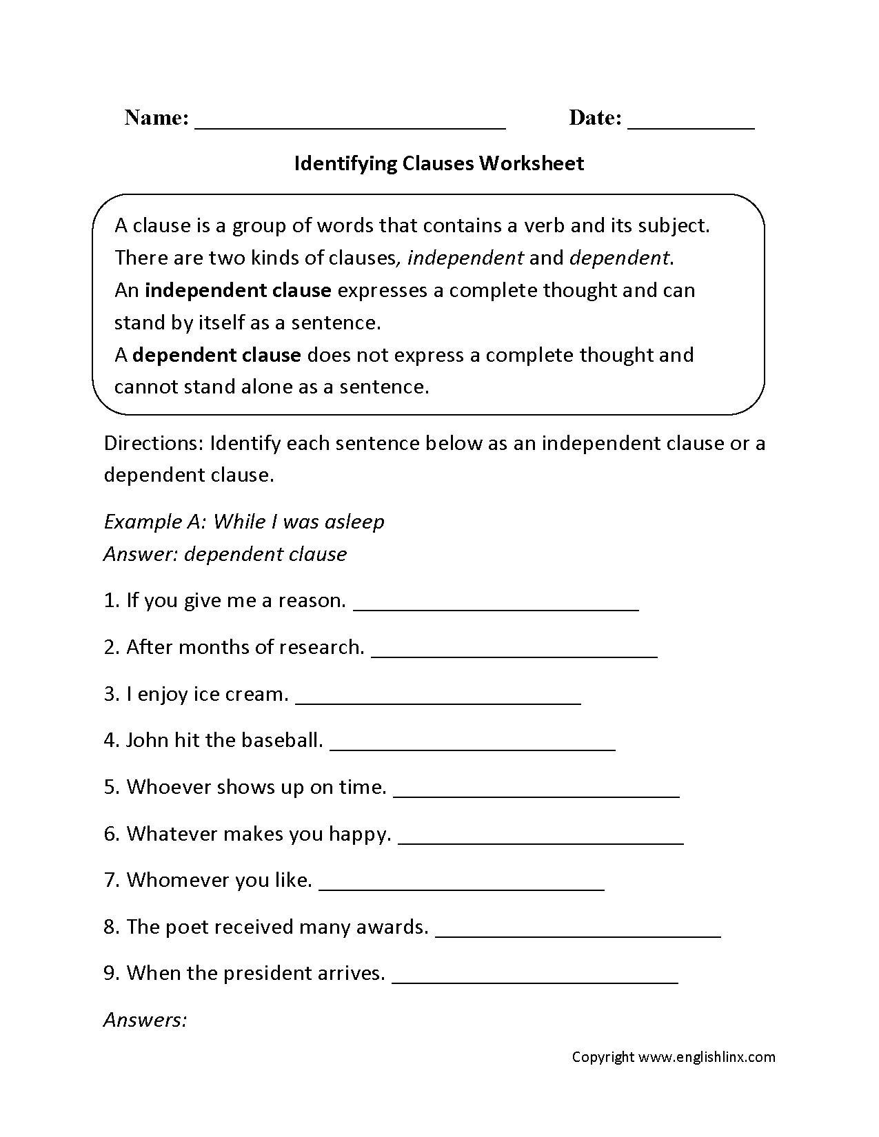 Englishlinx  Clauses Worksheets With Regard To Phrases And Clauses Worksheets