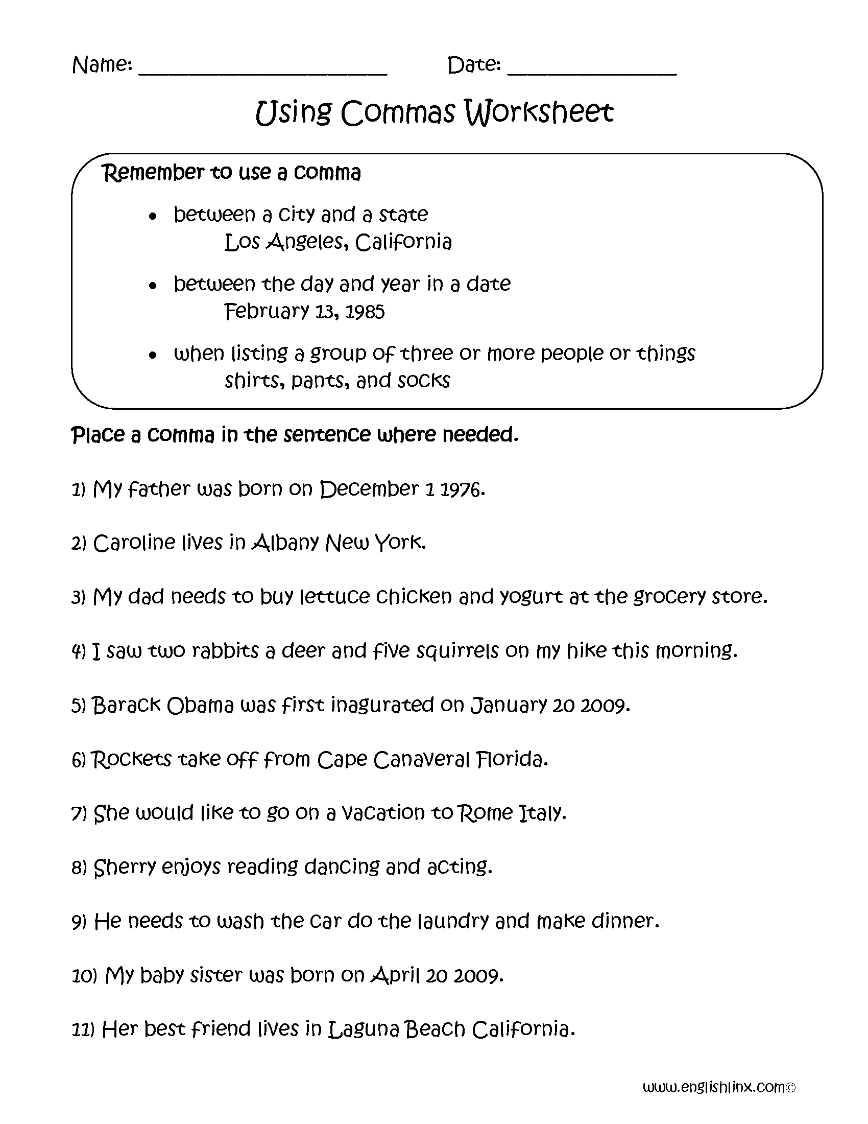 Englishlinx  Commas Worksheets Also Comma Practice Worksheet