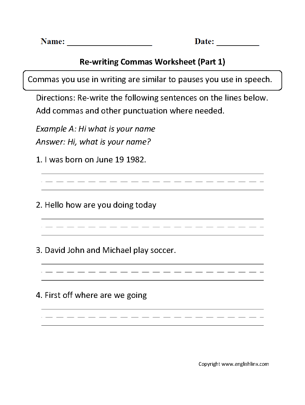 Englishlinx  Commas Worksheets Inside Comma Practice Worksheet