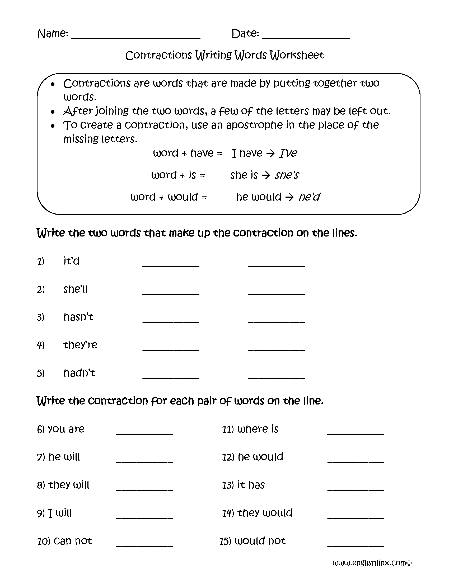 Englishlinx  Contractions Worksheets Throughout Contractions Worksheet Pdf