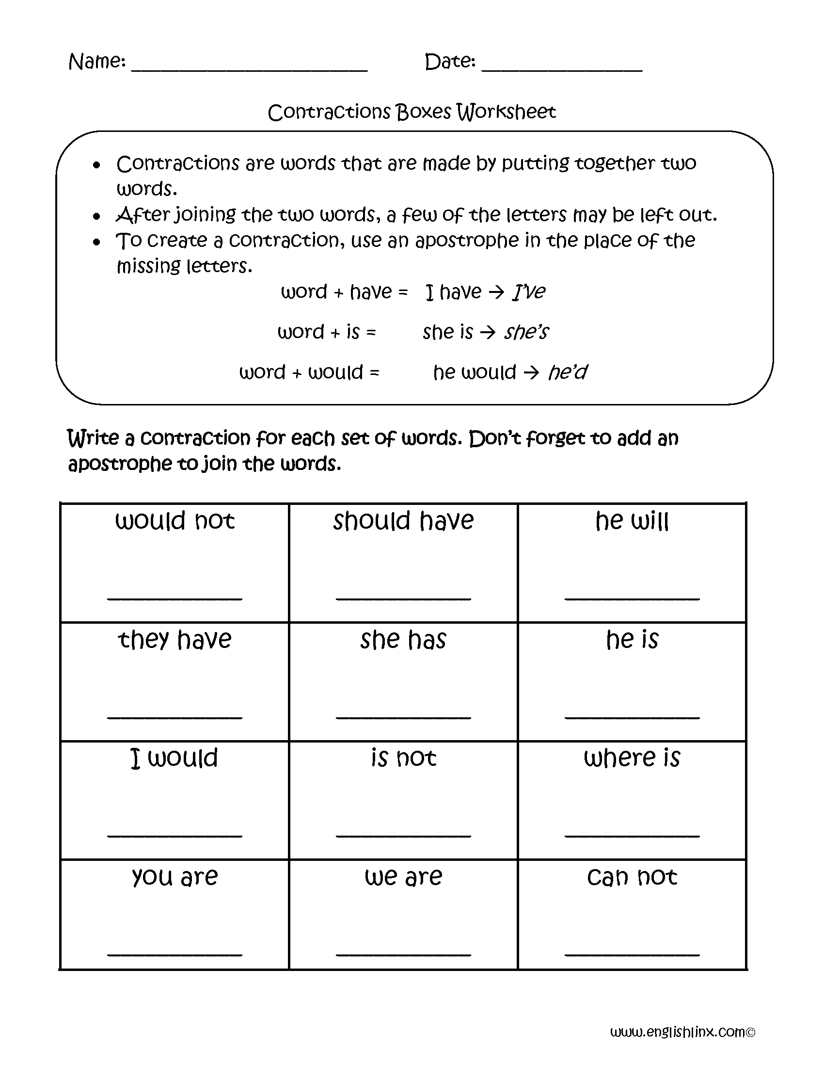 Englishlinx  Contractions Worksheets Within Contractions Worksheet Pdf