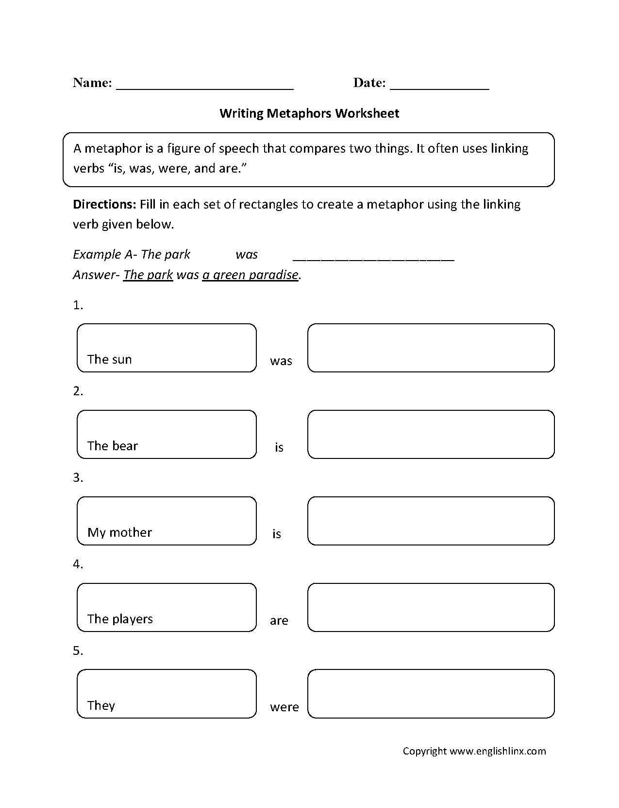 Englishlinx  Metaphors Worksheets Regarding Metaphor Worksheets Pdf