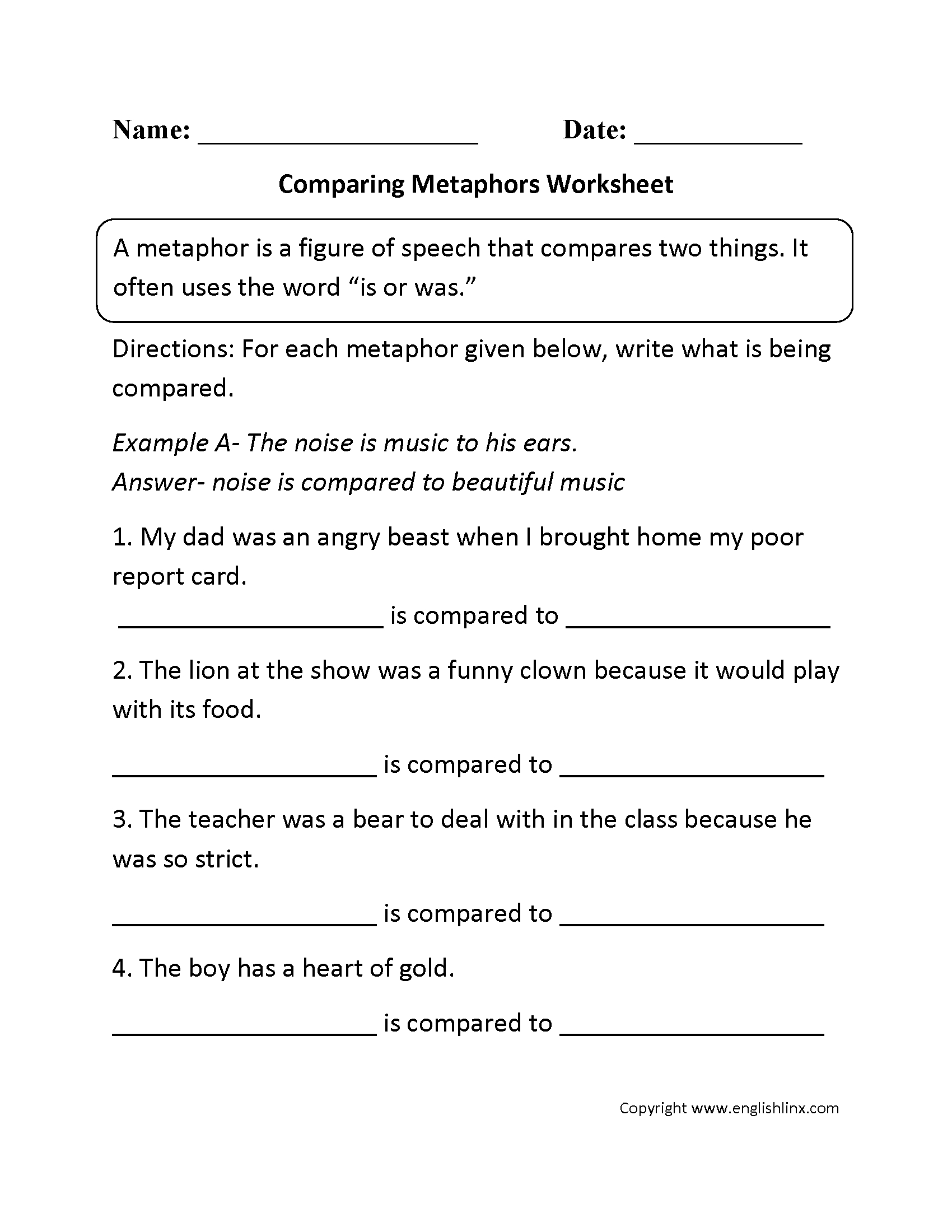 Englishlinx  Metaphors Worksheets With Regard To Metaphor Worksheets Pdf