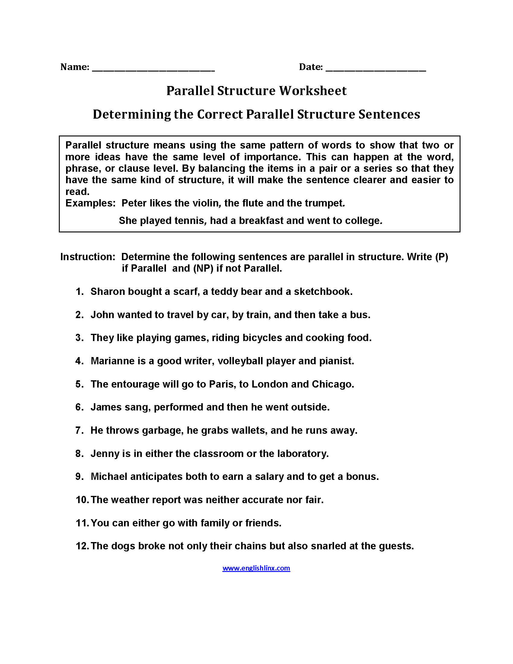 Englishlinx  Parallel Structure Worksheets Intended For Parallel Structure Practice Worksheet