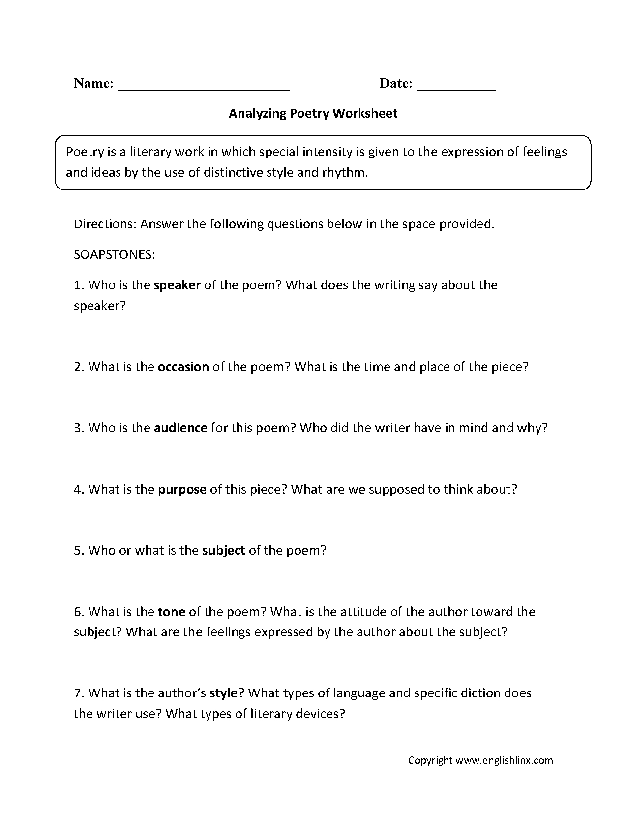 Englishlinx  Poetry Worksheets Intended For Poetry Worksheets Middle School