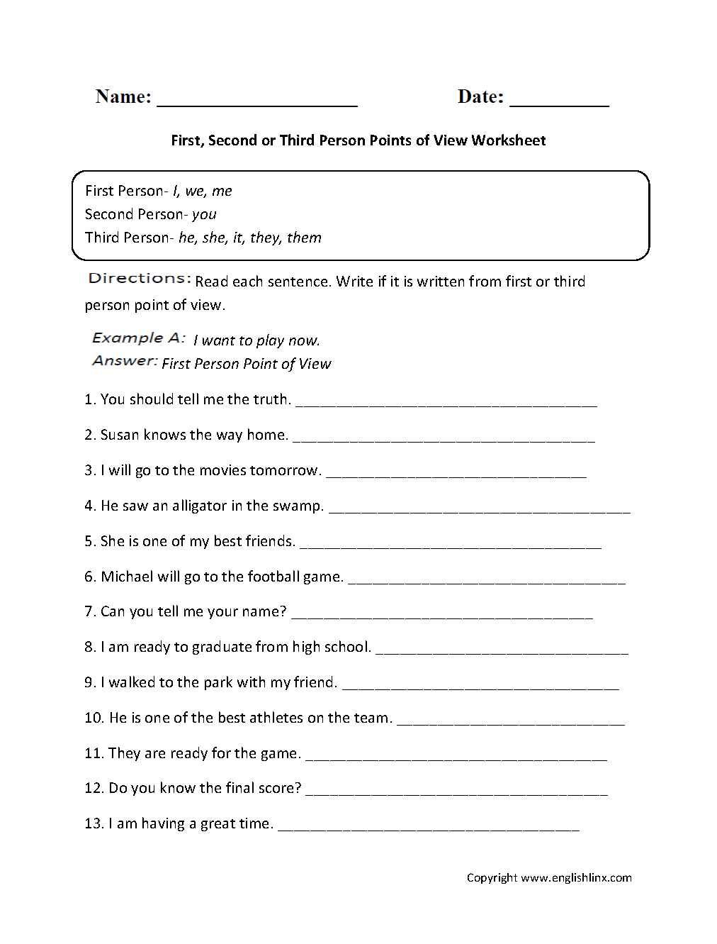 Englishlinx  Point Of View Worksheets Within Point Of View Worksheets For Middle School