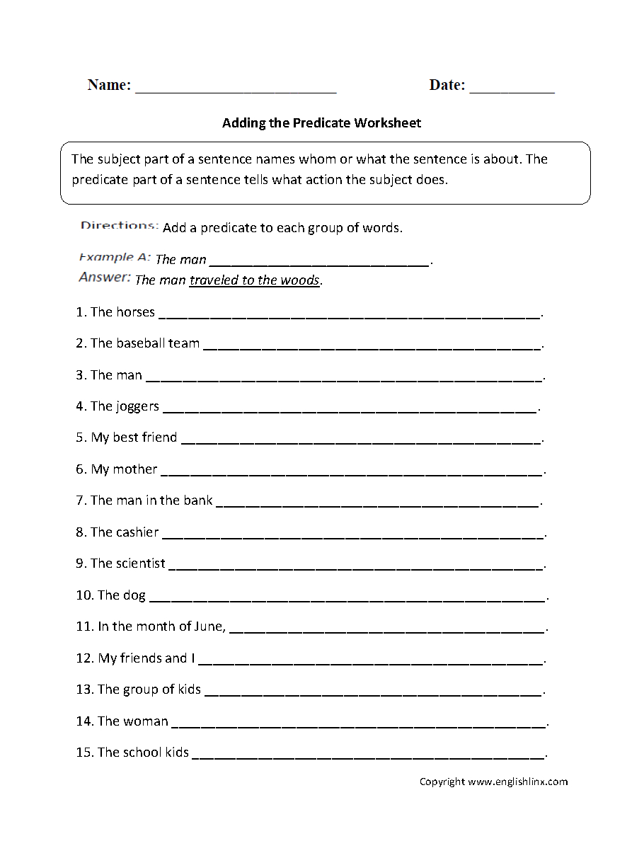 Englishlinx  Subject And Predicate Worksheets Inside 11Th Grade English Worksheets