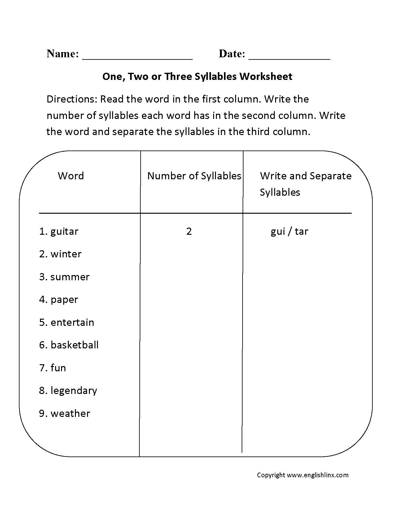 Englishlinx  Syllables Worksheets For Syllables Worksheets First Grade