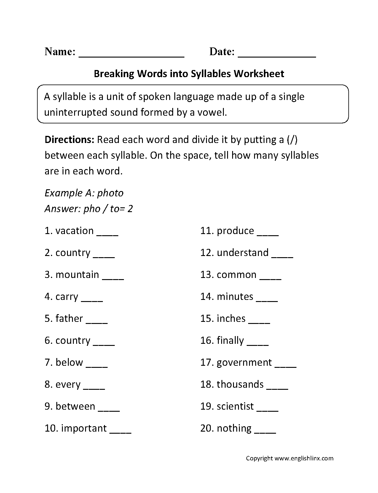 Englishlinx  Syllables Worksheets Or Syllabication Worksheets Pdf