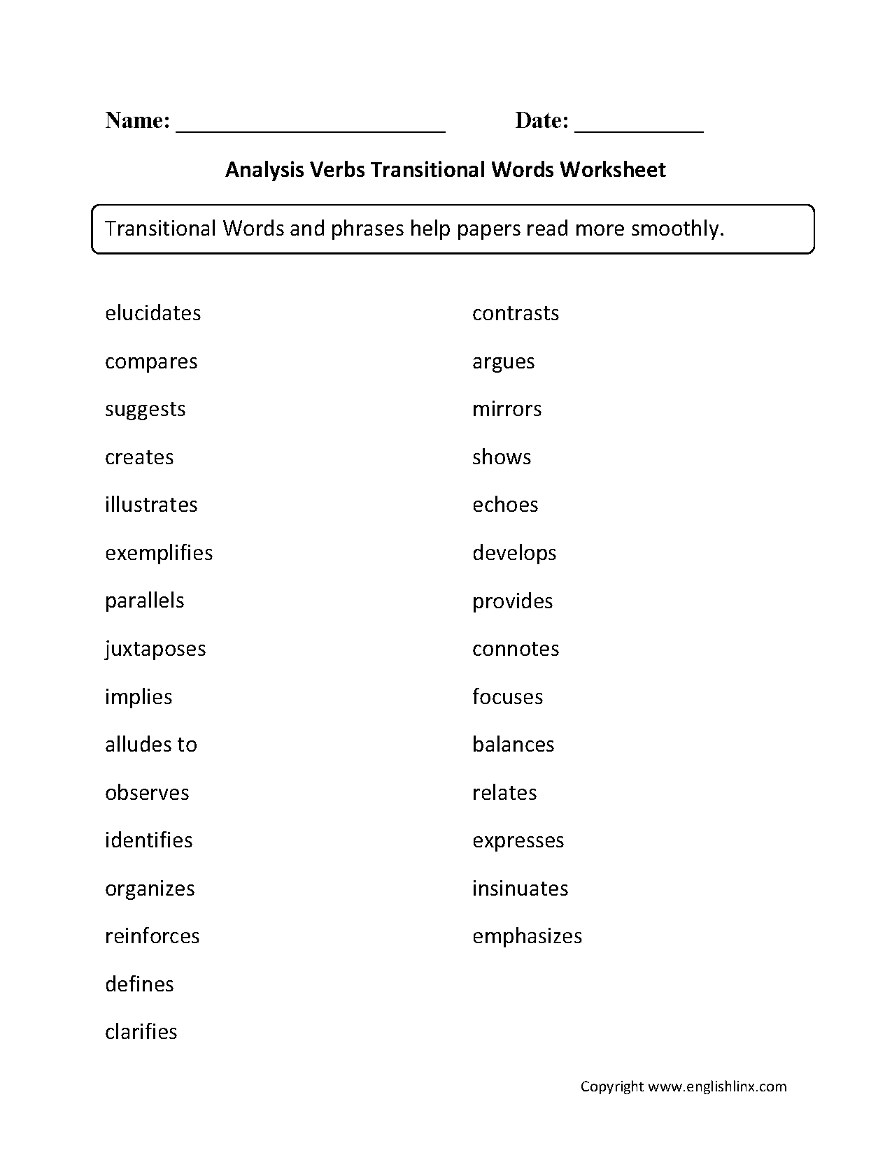 Englishlinx  Transitional Words Together With Transition Words Worksheet High School
