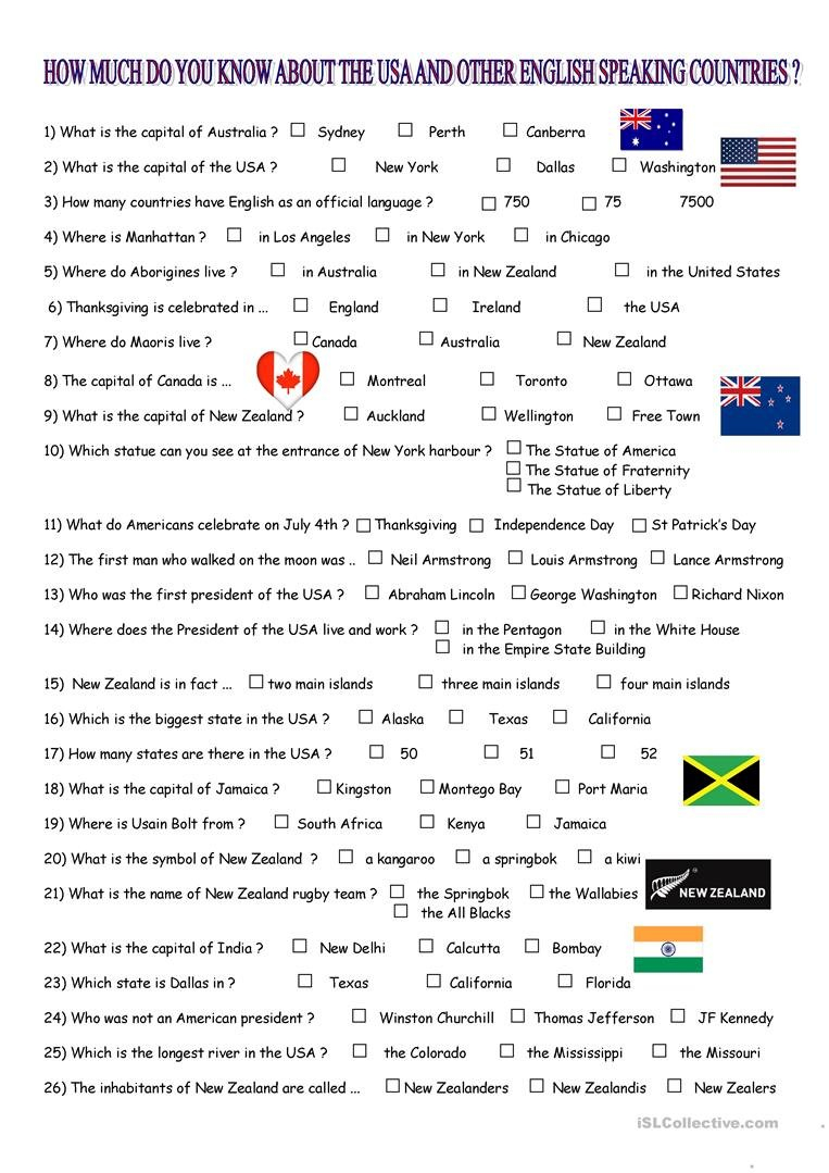 Englishspeaking Countries Quiz Worksheet  Free Esl Printable Throughout Esl English Worksheets