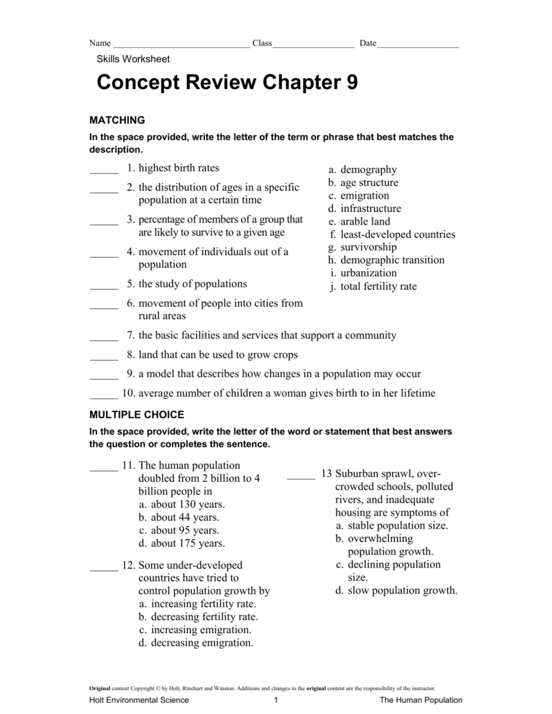 Environmental Science  Chapter 9 Worksheet For Skills Worksheet Holt Environmental Science