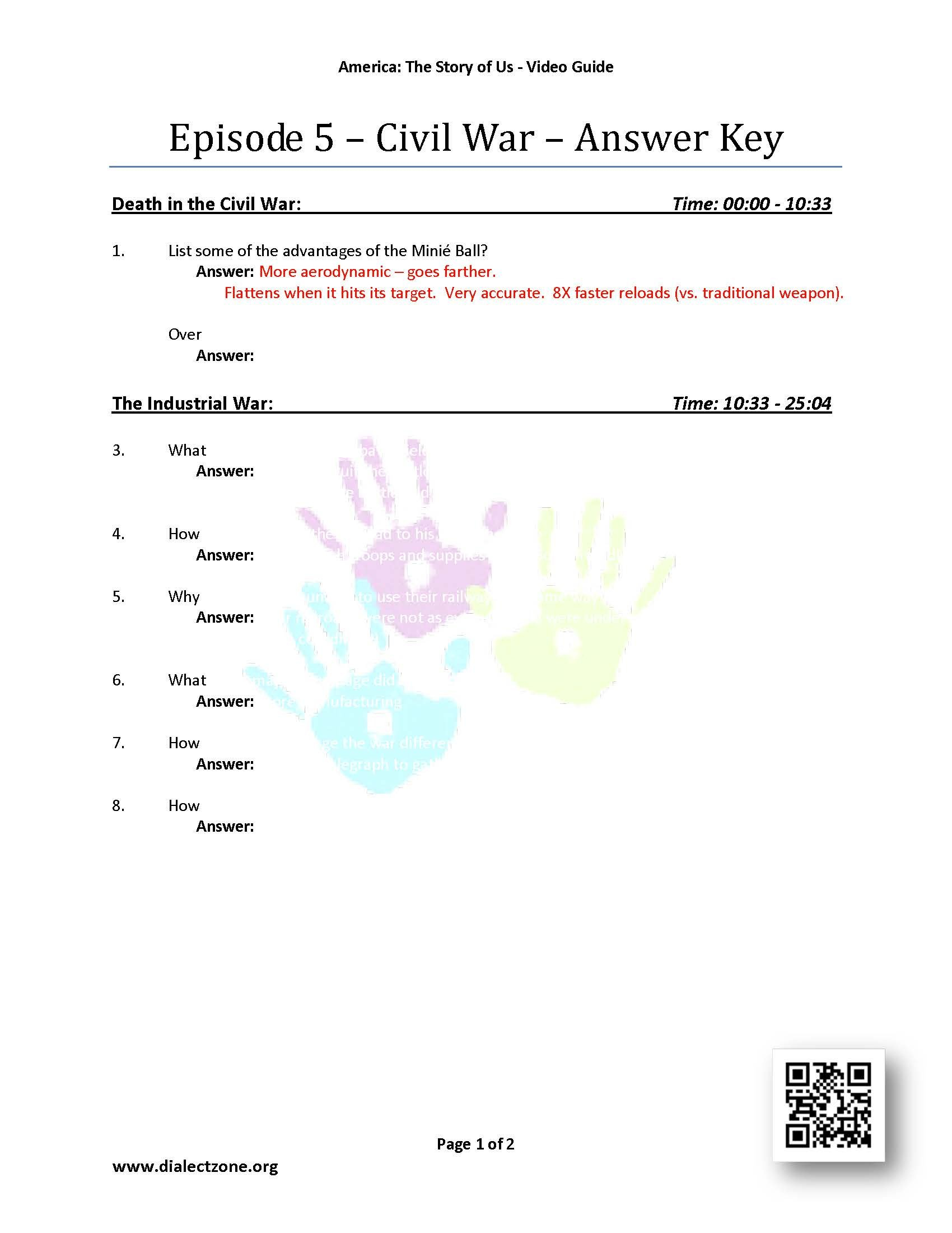 Episode 5  Civil War  Answer Keys Atsouep5Key  199  Dialect Or America The Story Of Us Civil War Worksheet Answers