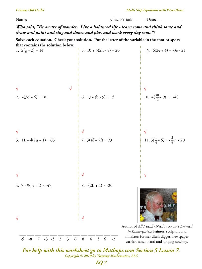 Eq07 Multi Step Equations With Parenthesis  Combining Like Terms And Multi Step Equations Worksheet