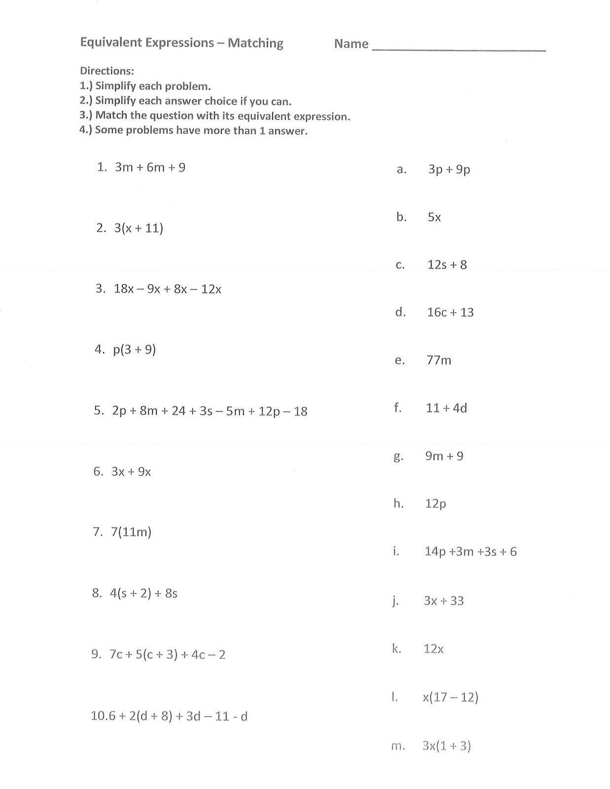 Equivalent Expressions Worksheet  Soccerphysicsonline Pertaining To Equivalent Expressions Worksheet