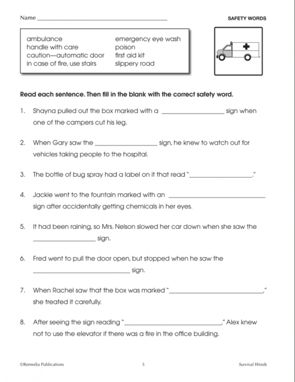 Essential Vocabulary Survival Words for Survival Signs Worksheets ...