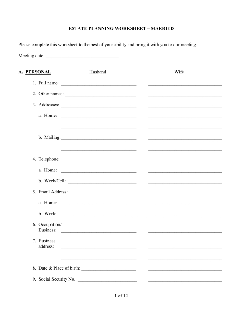Estate Planning Worksheet – Married Within Estate Planning Worksheet