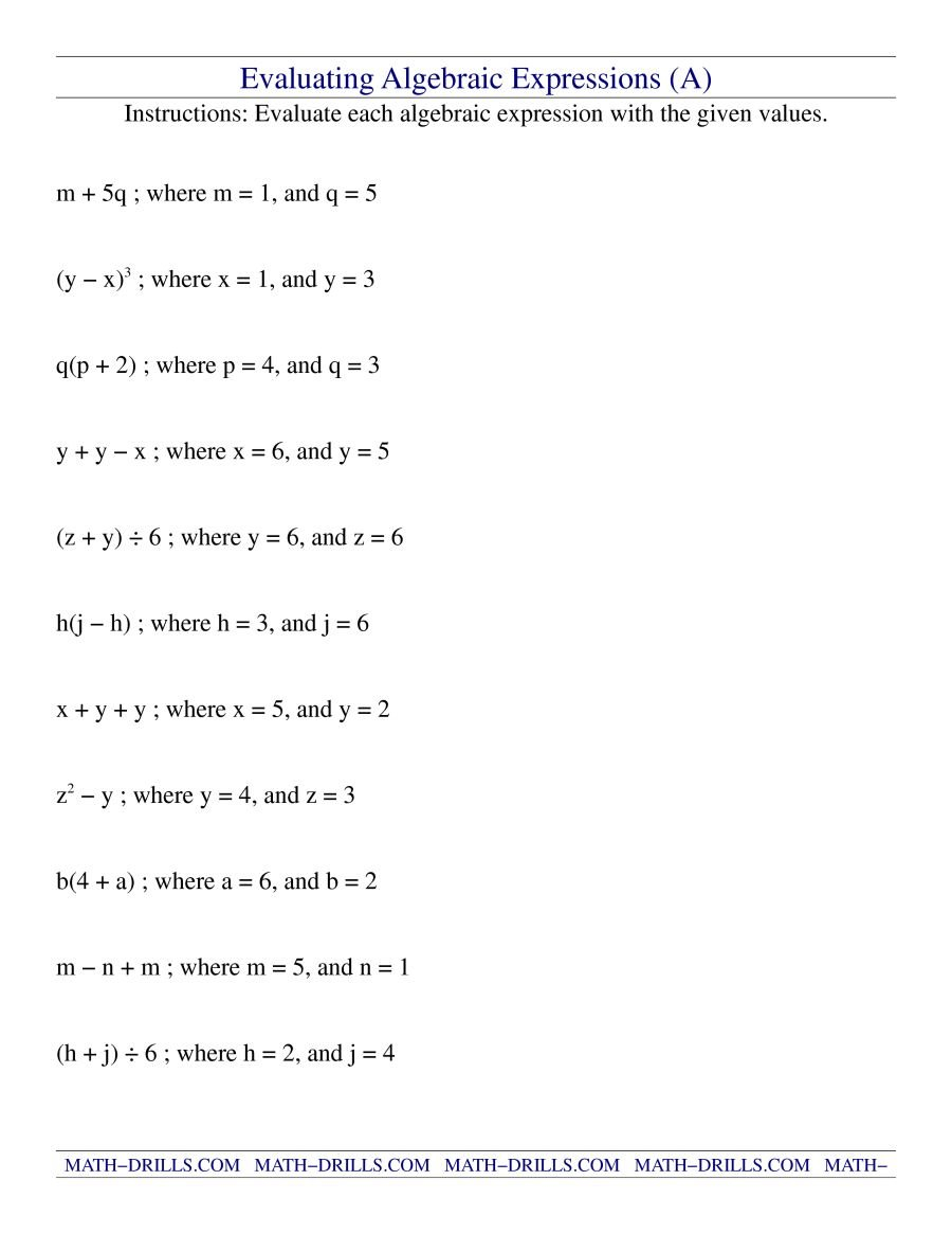 Evaluating Algebraic Expressions A Together With Evaluating Variable Expressions Worksheet