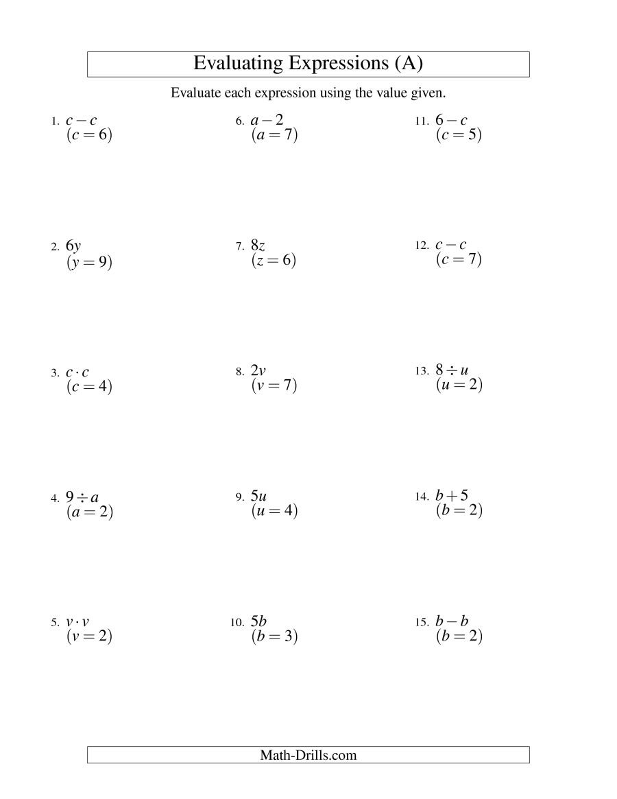 Evaluating Onestep Algebraic Expressions With One Variable And No For Evaluating Expressions Worksheet