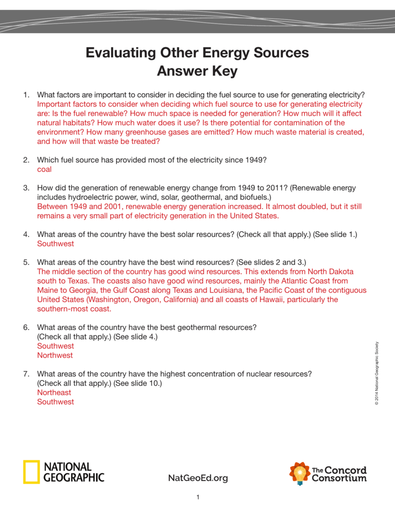 Evaluating Other Energy Sources Answer Key Regarding Energy Resources Worksheet
