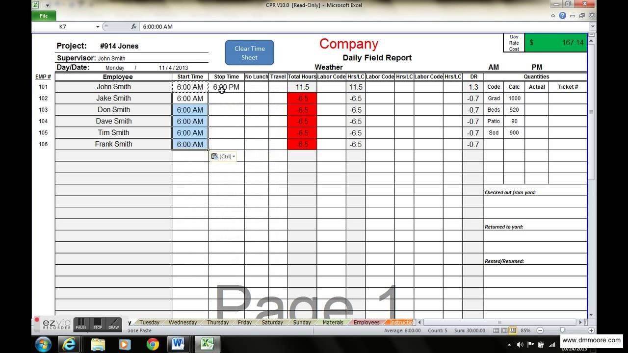 Excel Time Sheet Template And Labor Tracking Tool Cpr Crew Progress ... Within Labor Tracking Spreadsheet Templates
