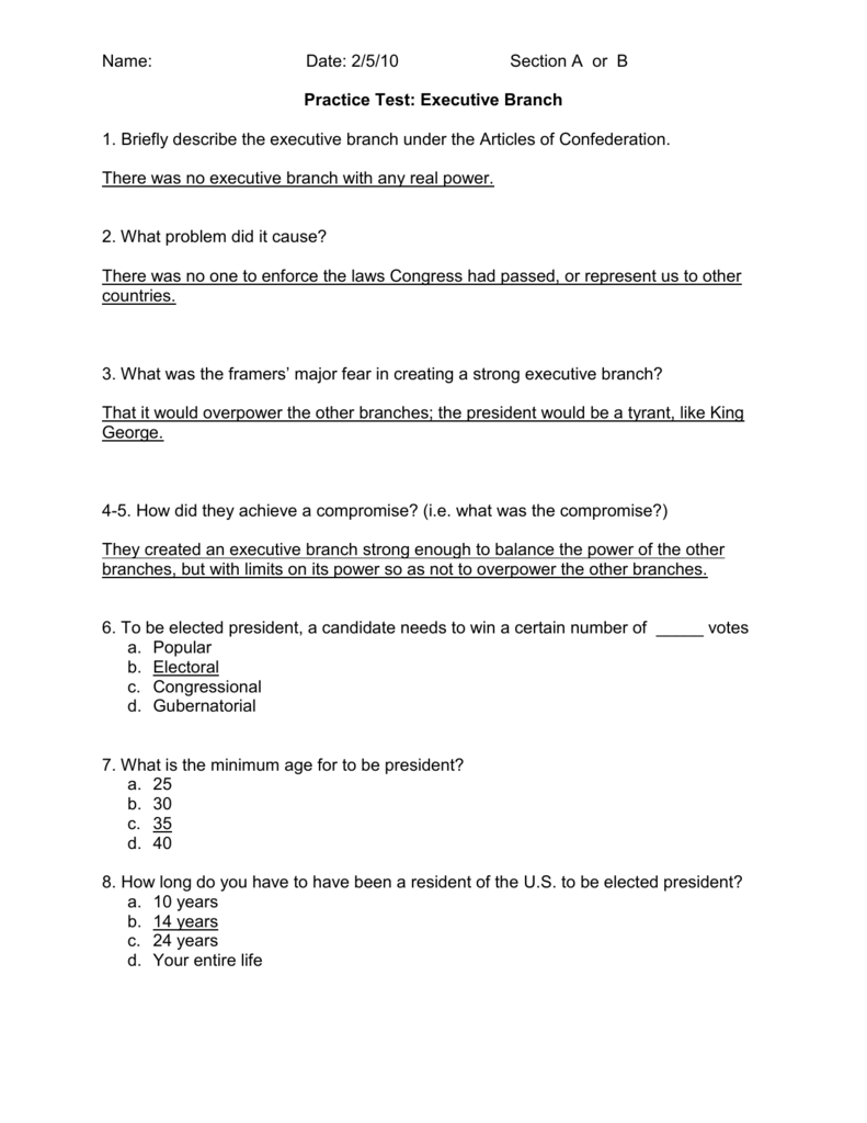 Executive Branch Practice Test Answers Intended For The Executive Branch Worksheet Answer Key