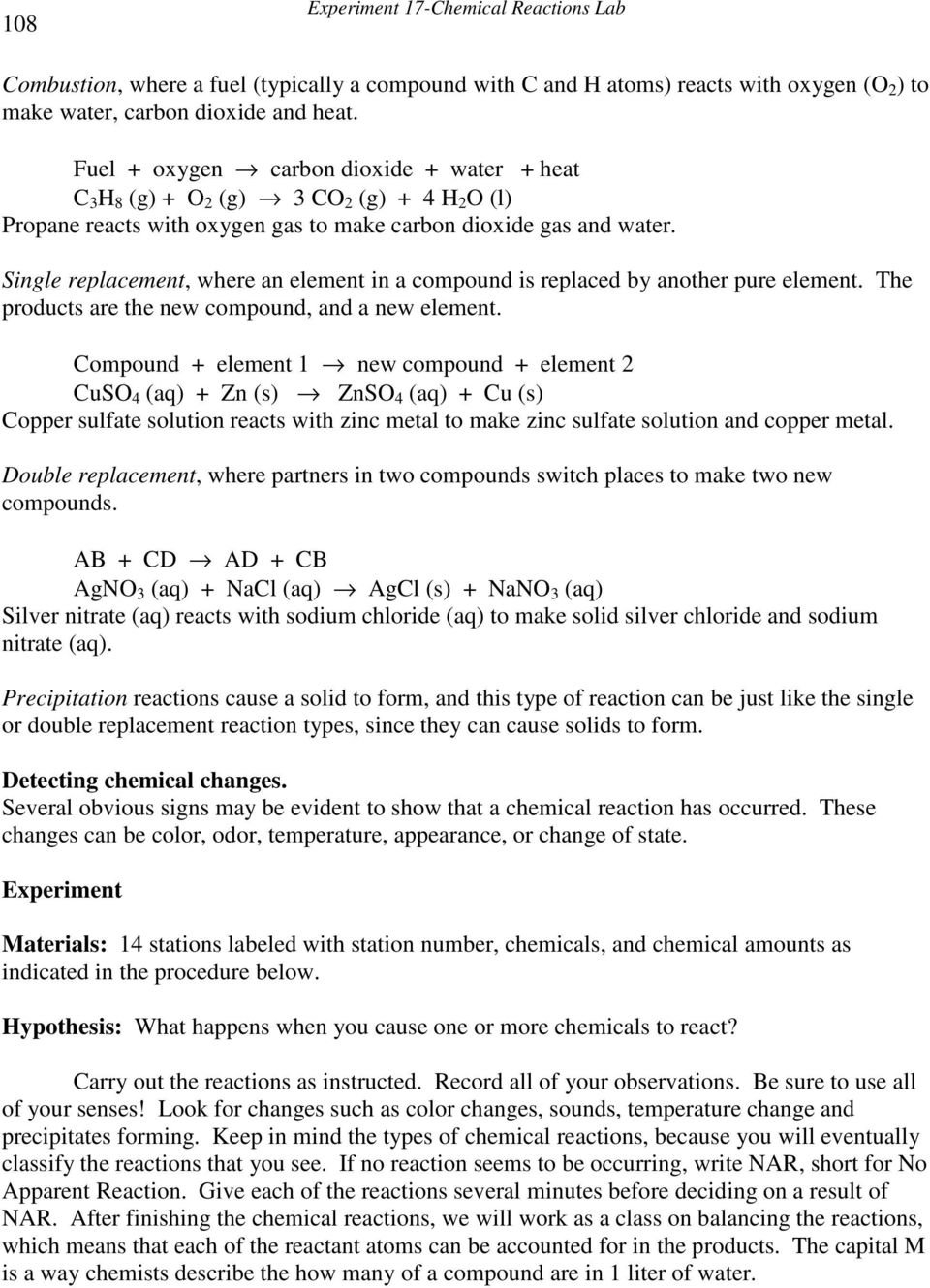 Experiment 17Chemical Reactions Lab  Pdf For Types Of Chemical Reactions Worksheet Pogil