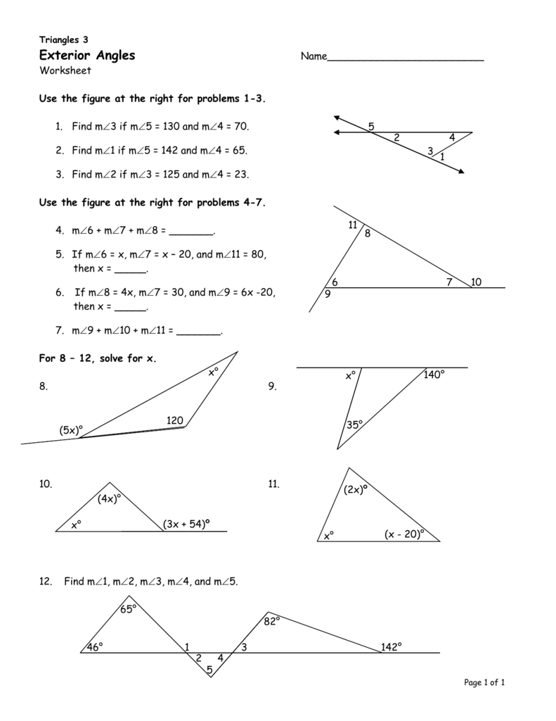 Exterior Angle Theorem  Triangle Angle Together With Exterior Angle Theorem Worksheet