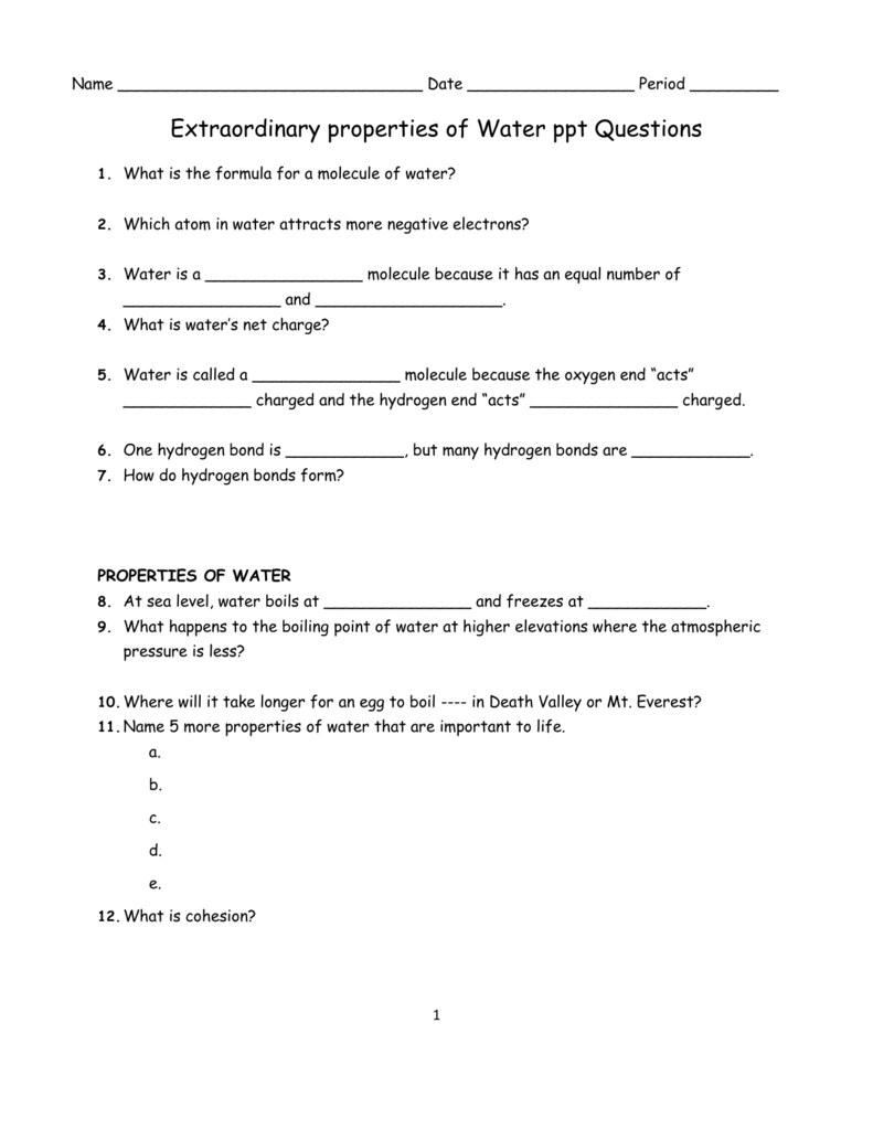 Extraordinary Properties Of Water Ppt Questions Also Properties Of Water Worksheet Answer Key