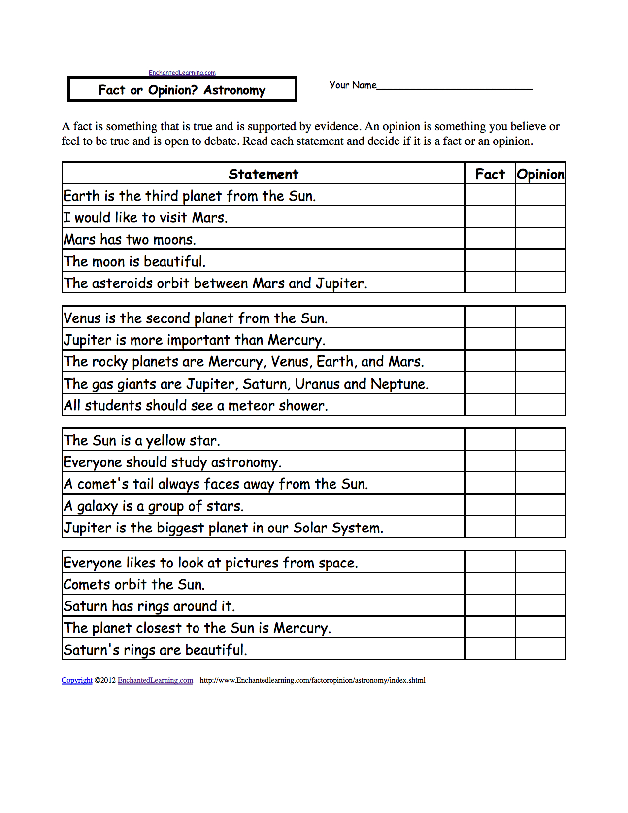 Fact Or Opinion Astronomy A Worksheet Enchantedlearning With Regard To The Universe Mars The Red Planet Worksheet Answers