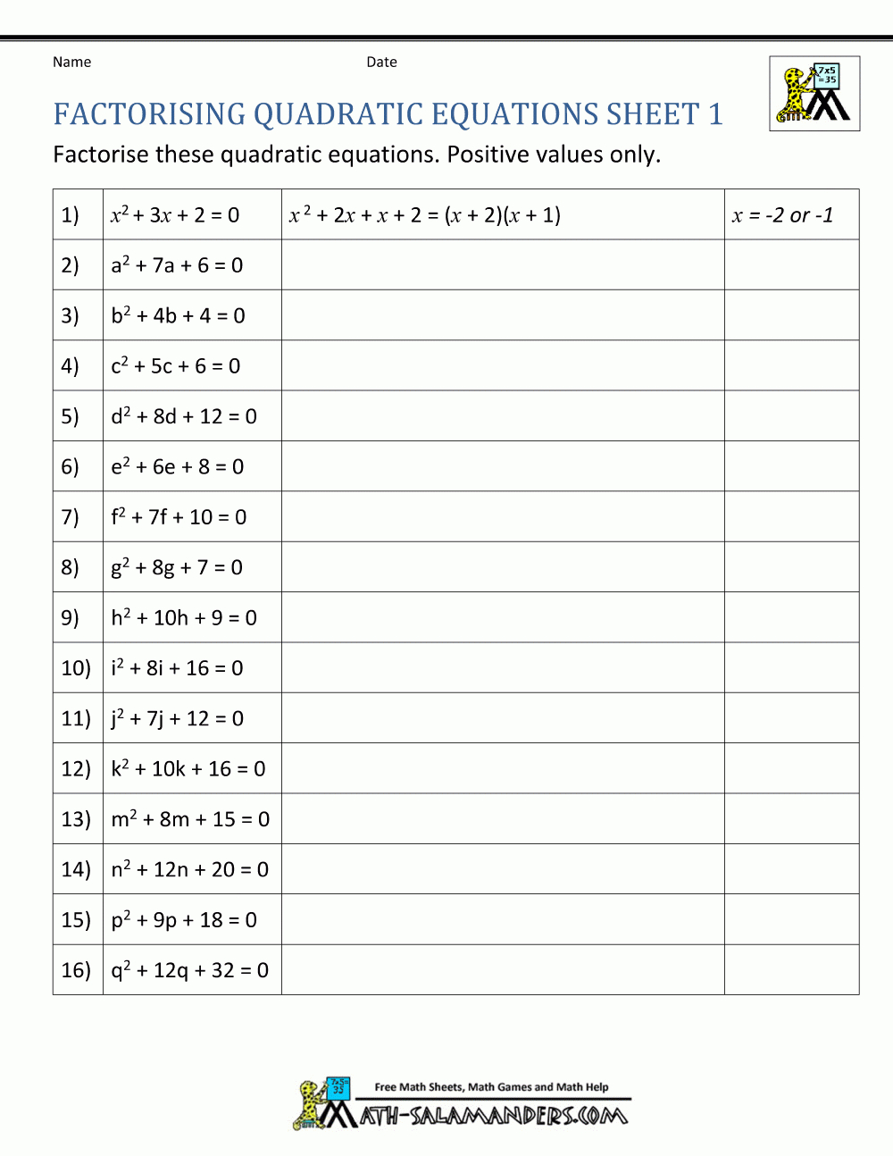 Factoring Quadratic Equations Throughout Algebra 2 Factoring Quadratics Worksheet