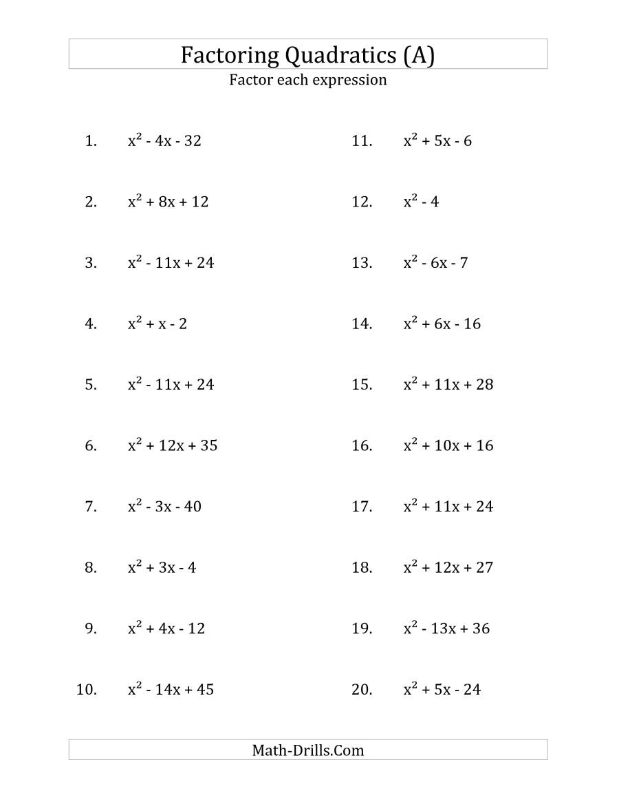 Factoring Quadratic Expressions With 'a' Coefficients Of 1 A Intended For Factoring Trinomials Worksheet
