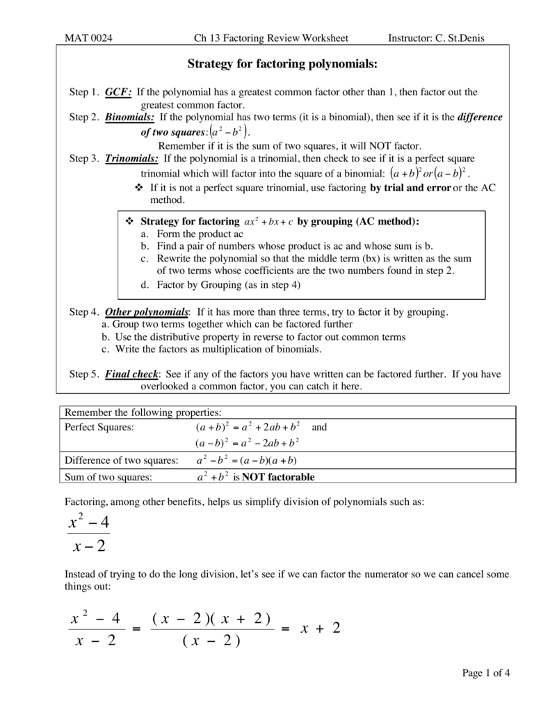 Factoring Review Worksheet Within Factoring Binomials Worksheet
