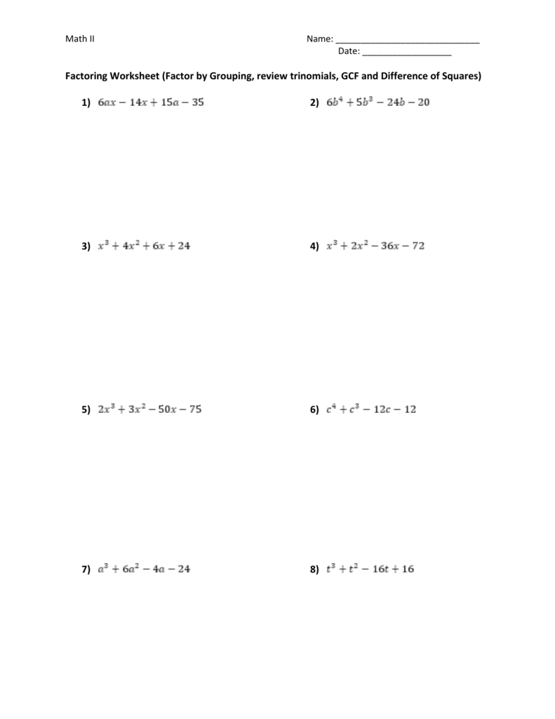 Factoring Worksheet Factorgrouping Review Trinomials Gcf Also Factoring Polynomials By Grouping Worksheet