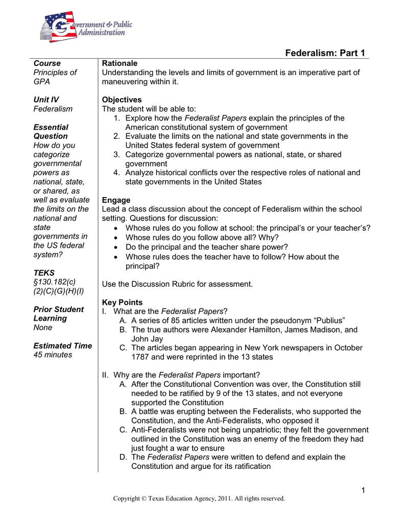 Federalism Part 1 With Regard To Federalism The Division Of Power Worksheet Answers