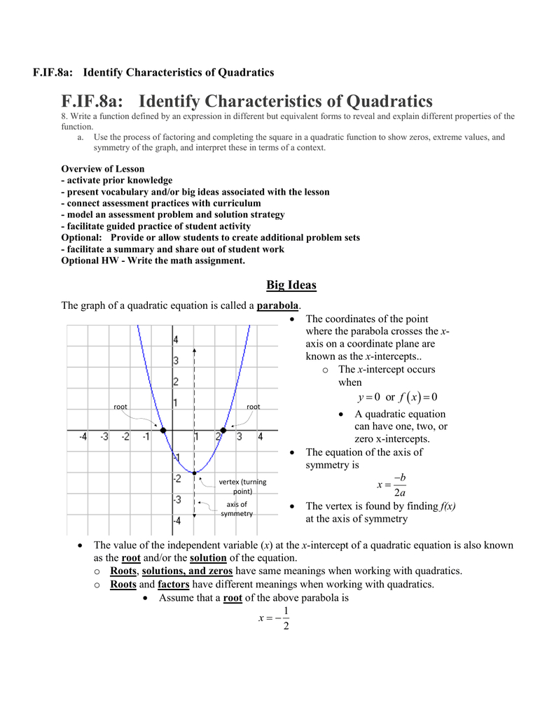 Fif8A Identify Characteristics Of Quadratics For Characteristics Of Quadratic Functions Worksheet Answers