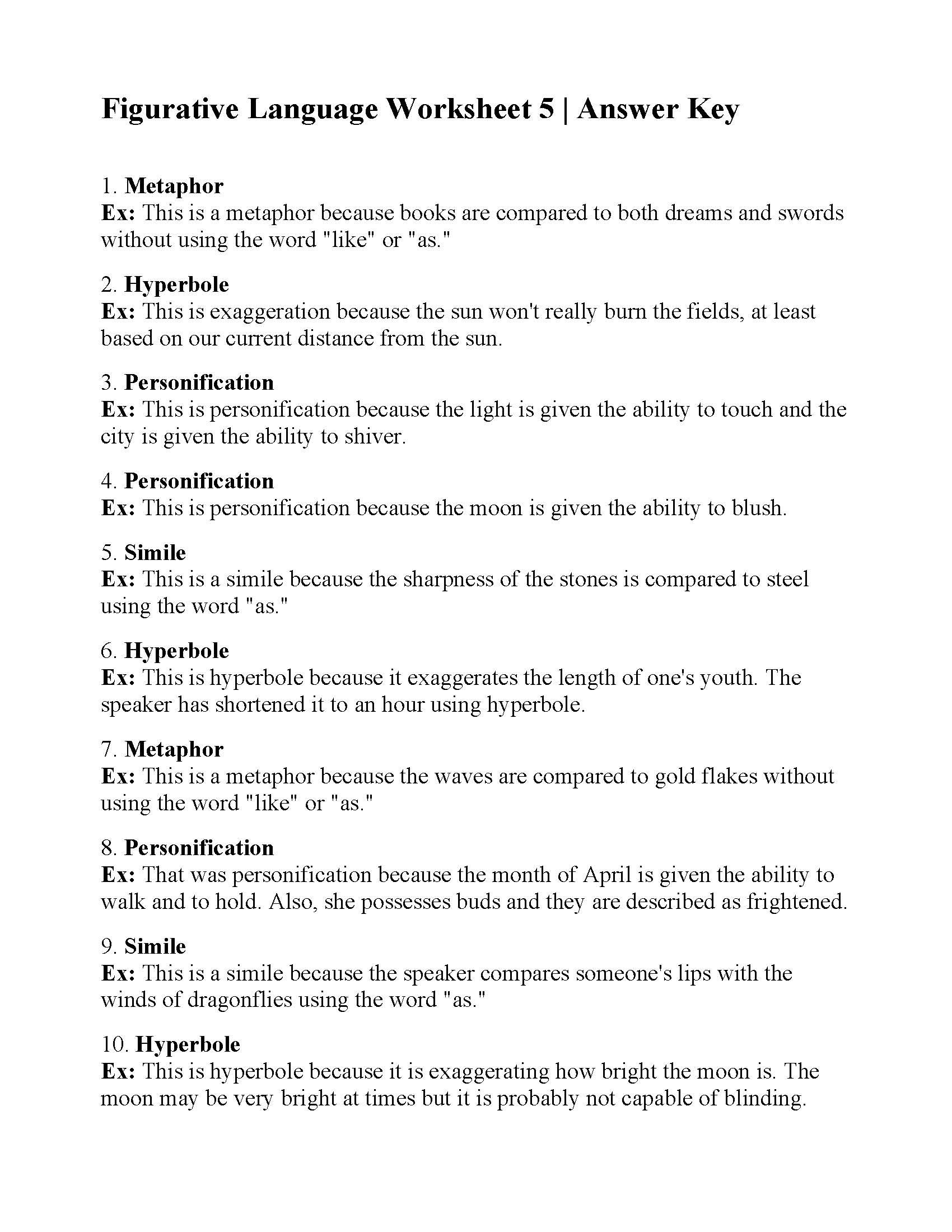 Figurative Language Worksheet 5  Answers Throughout Figurative Language Worksheet 5