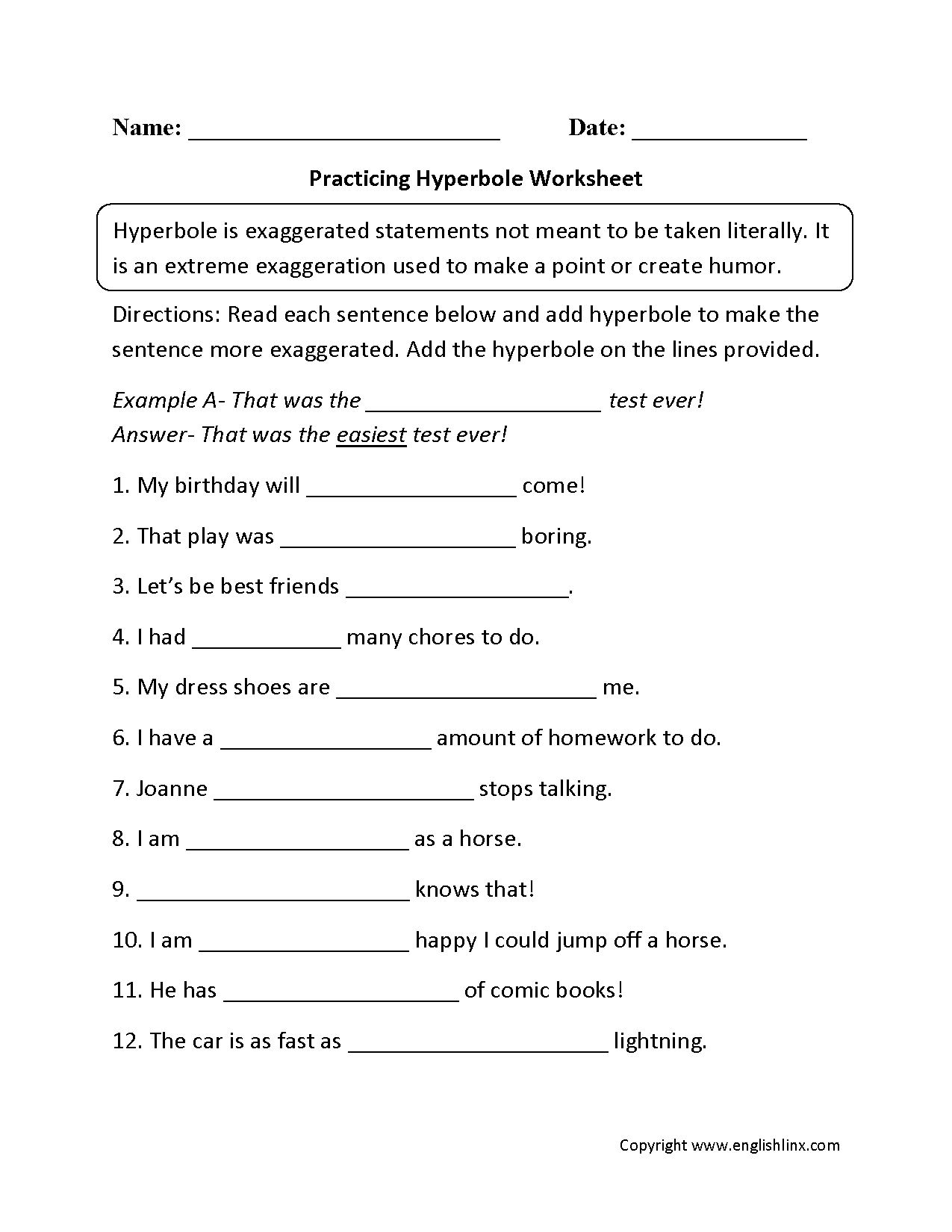 Figurative Language Worksheets  Hyperbole Worksheets Throughout Language Worksheets For 5Th Grade