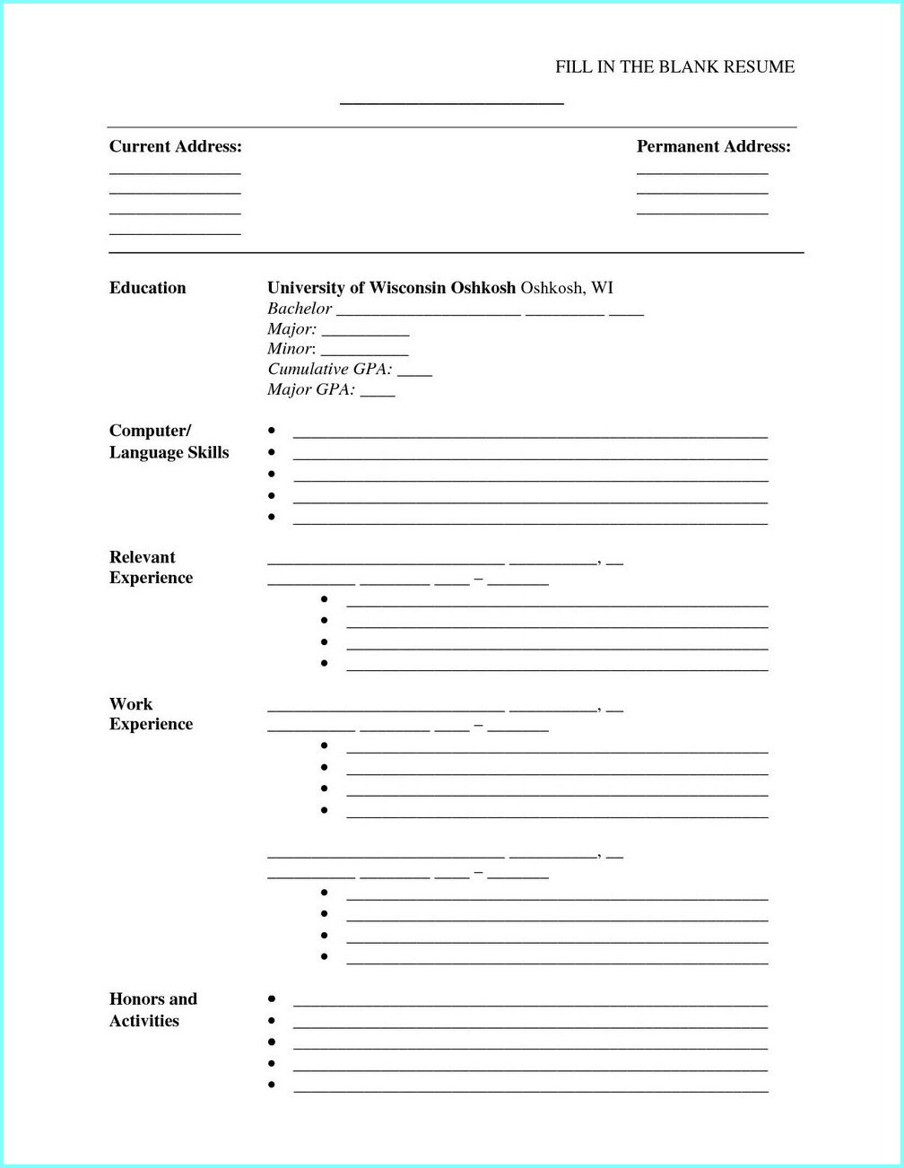 Fill In The Blank Resume Worksheet  Resume  Resume Examples Regarding Fill In The Blank Resume Worksheet