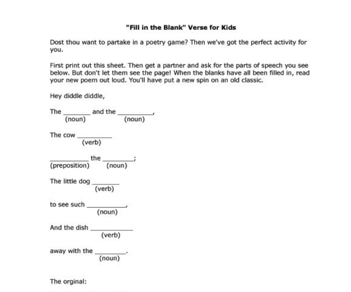 Fillintheblank Poem Worksheet Printable  Familyeducation And Poetry Fill In The Blank Worksheet