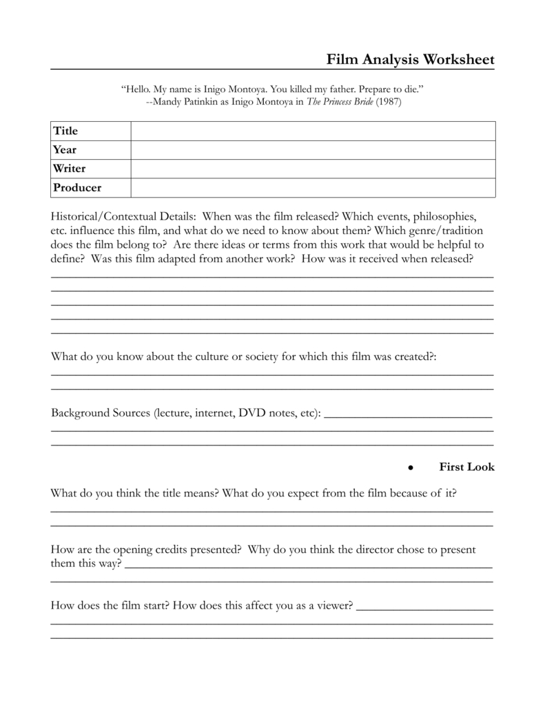 Film Analysis Worksheet Pertaining To Film Study Worksheet For A Work Of Fiction Answers